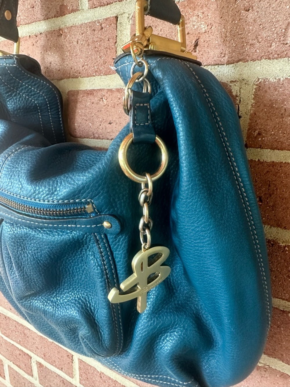 B. Makowsky Teal Pebbled Leather Hobo Shoulder Bag with Chain Accent - Picture 2 of 7